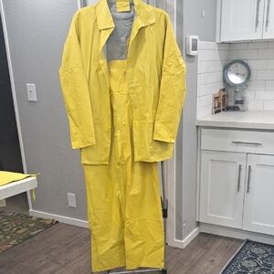Yellow Vinyl Rain Jacket and Pants with Bib front, detachable hood